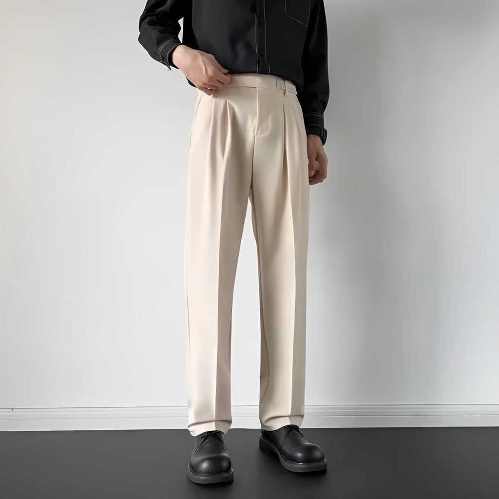 Men's straight loose fit suit trousers in apricot and black colours with mid-rise waist
