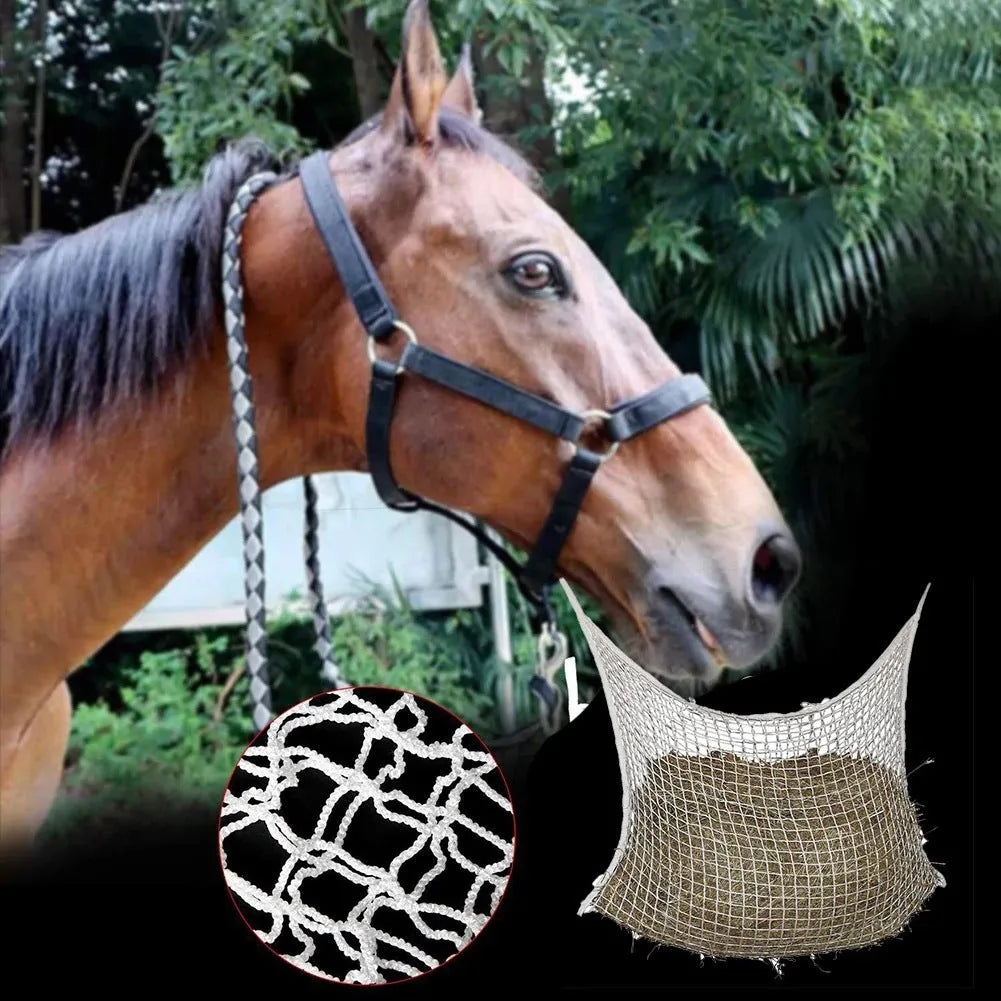 Black woven PE rope hanging feeding bag with grid mesh, sized for a horse.