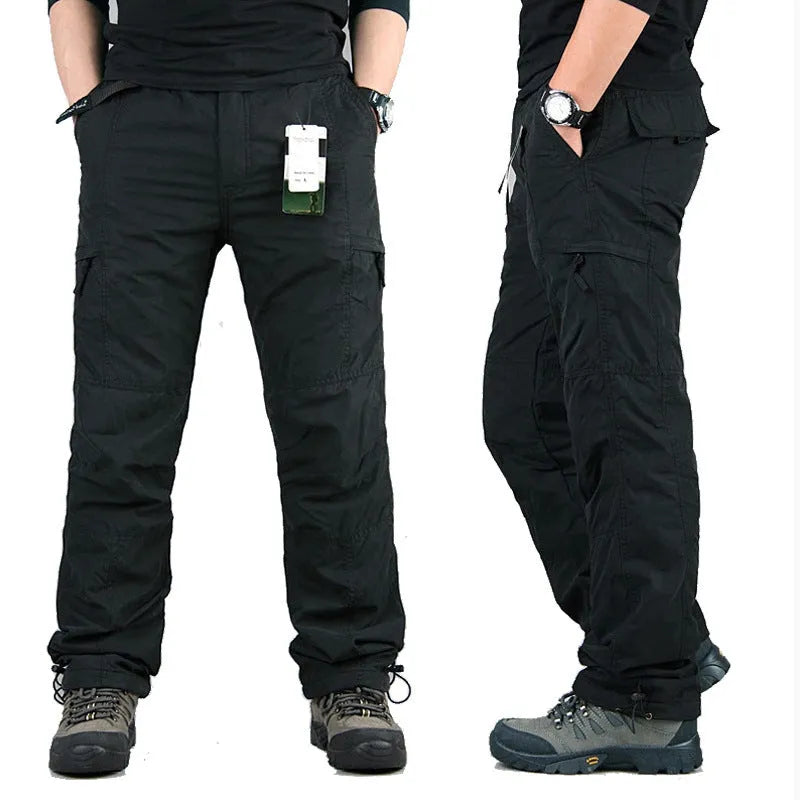 Men's thick cotton overalls with velvet lining in Army Green, showing loose straight-leg fit.