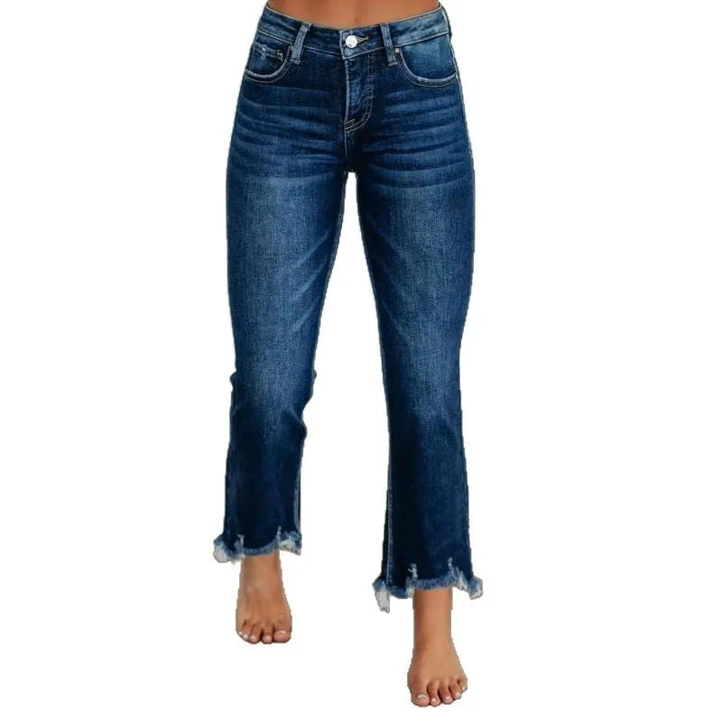 Women's casual denim jeans in solid dark blue with a hand-worn distressed finish.