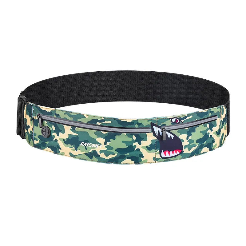 Black 8-inch waterproof waist bag made from chinlon Lycra for outdoor sports and fitness.