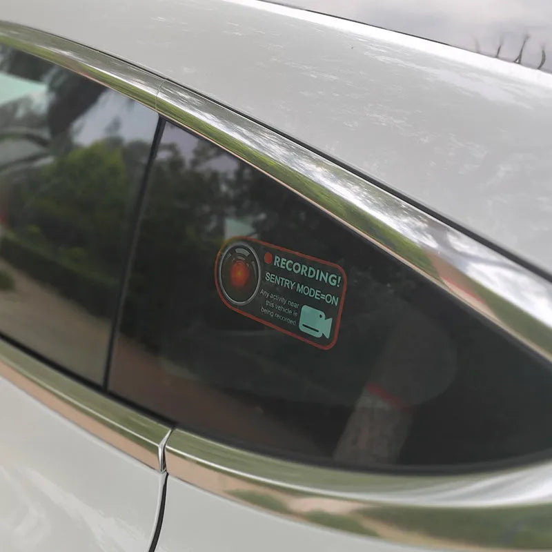 Pair of PVC electrostatic Sentry Mode warning stickers for Tesla, size 11x5cm, English text