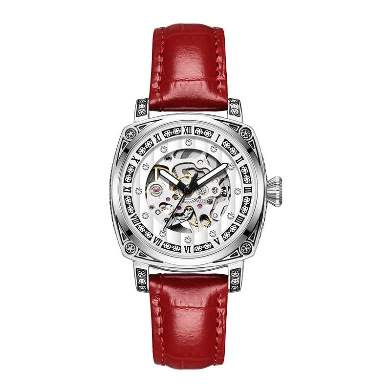 Mechanical wristwatch with luminous hands on a leather strap, shown in multiple colour variants.