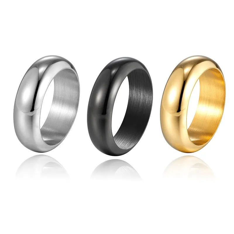Glossy electroplated titanium steel ring shown in gold, black, and steel colour on a size chart from 7 to 12.