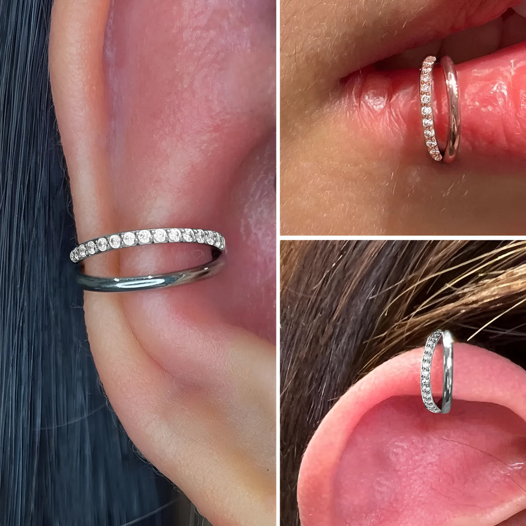 Titanium alloy nose ring showing size options from 6mm to 12mm with colour variations