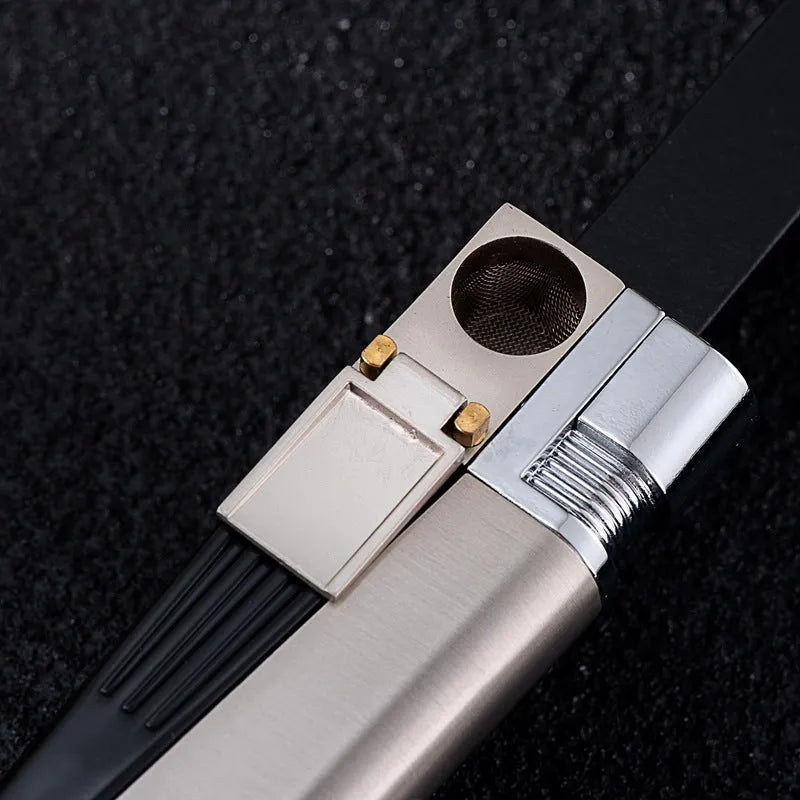 Foldable pipe lighter in No.1 silver square cover with metal flap closed, 9.2cm length, zinc alloy body