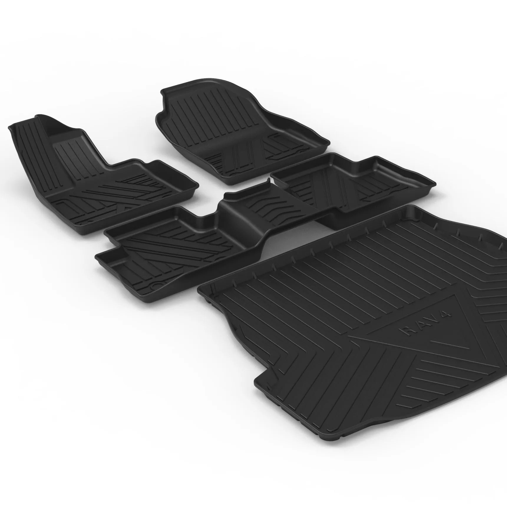 Black carbon fibre pattern TPE car boot liner mat fitted in a hatchback trunk.