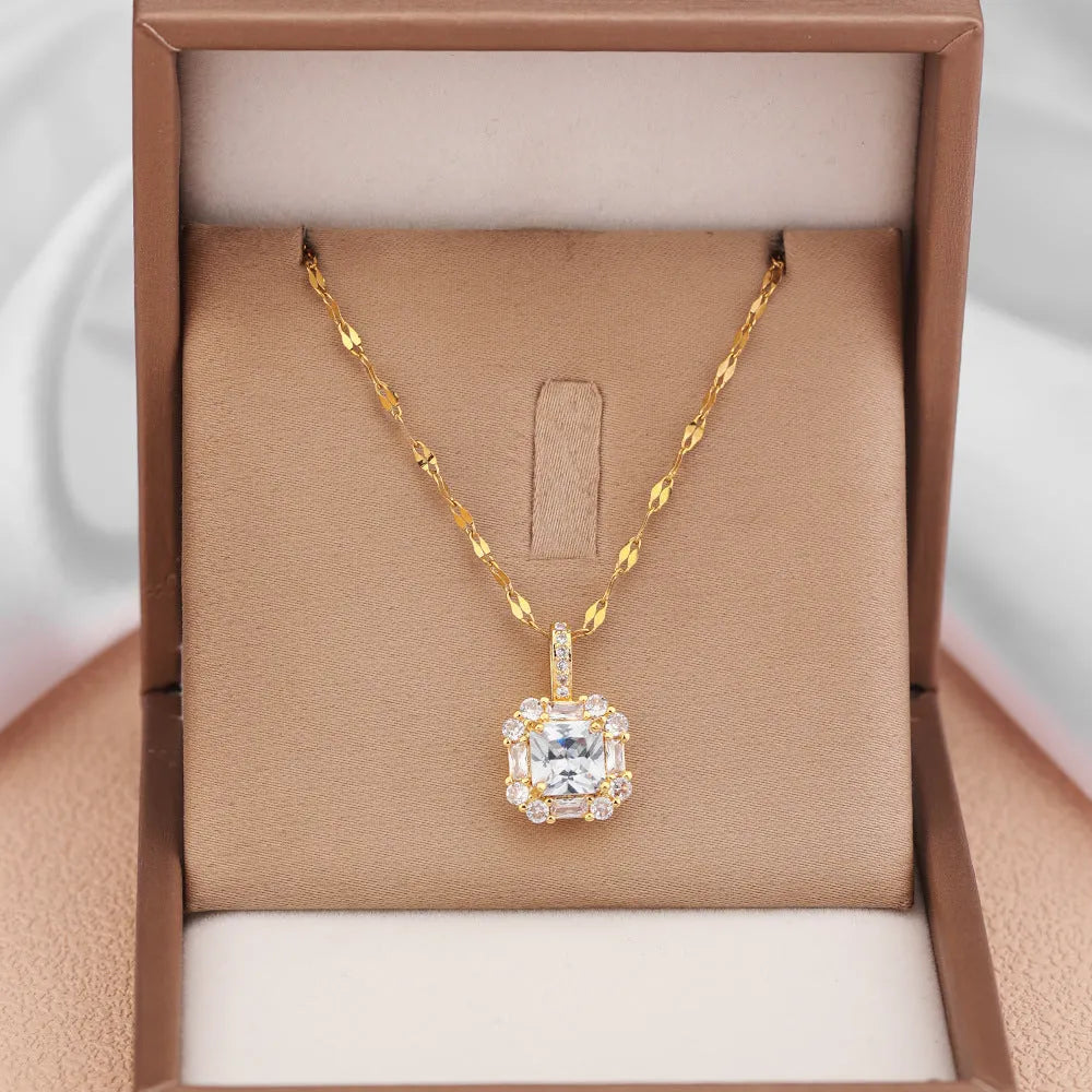 Women's titanium steel clavicle chain necklace with geometric gem-inlaid pendant