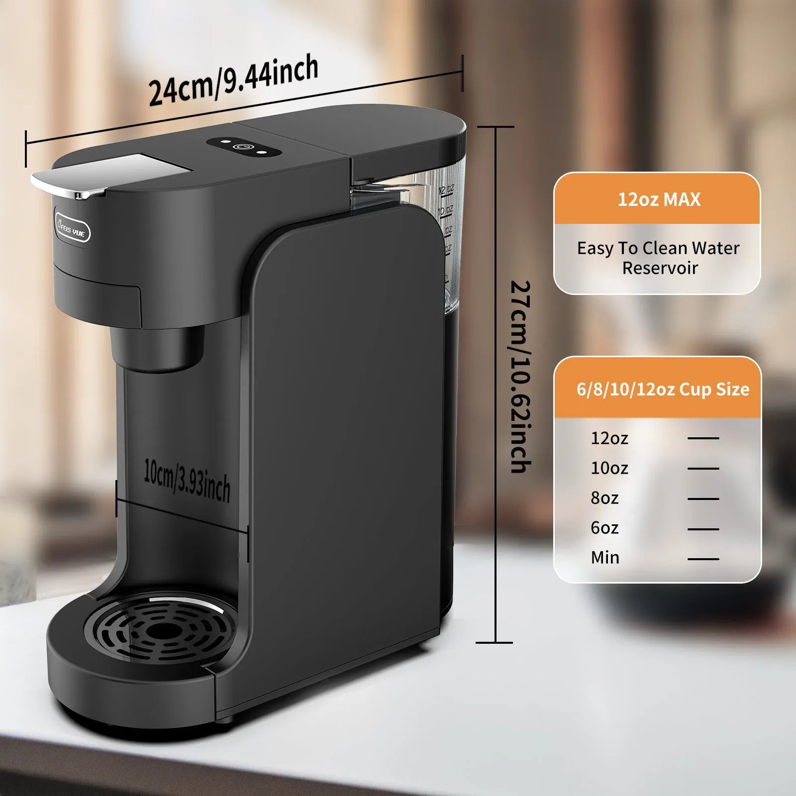 Mini capsule coffee machine in black with white accents, showing adjustable tray and KCUP capsule slot