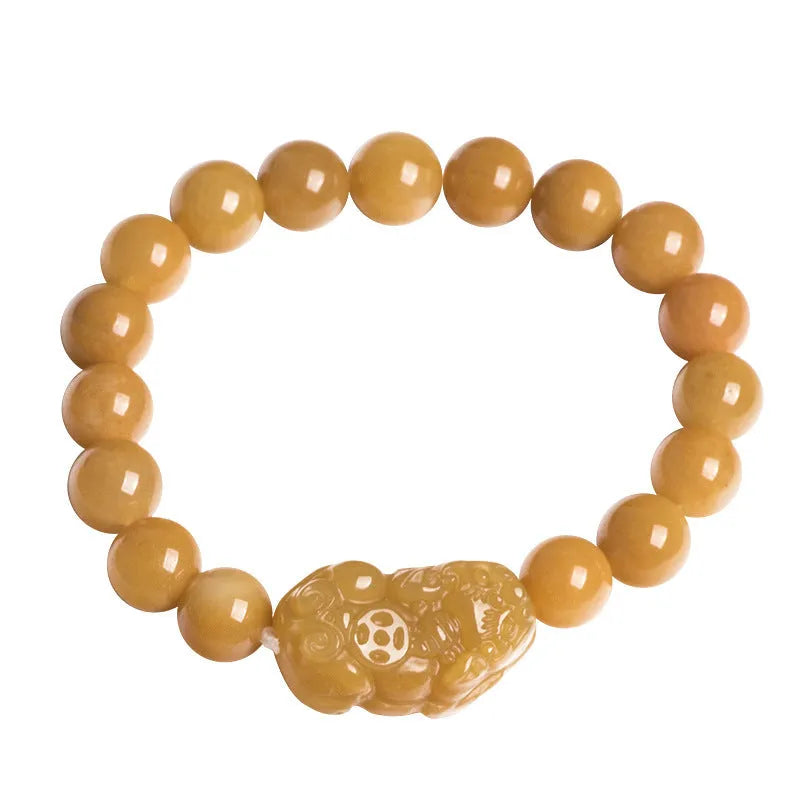Golden thread Jinsi jade money bracelet with carved beads, shown in large and small size options.