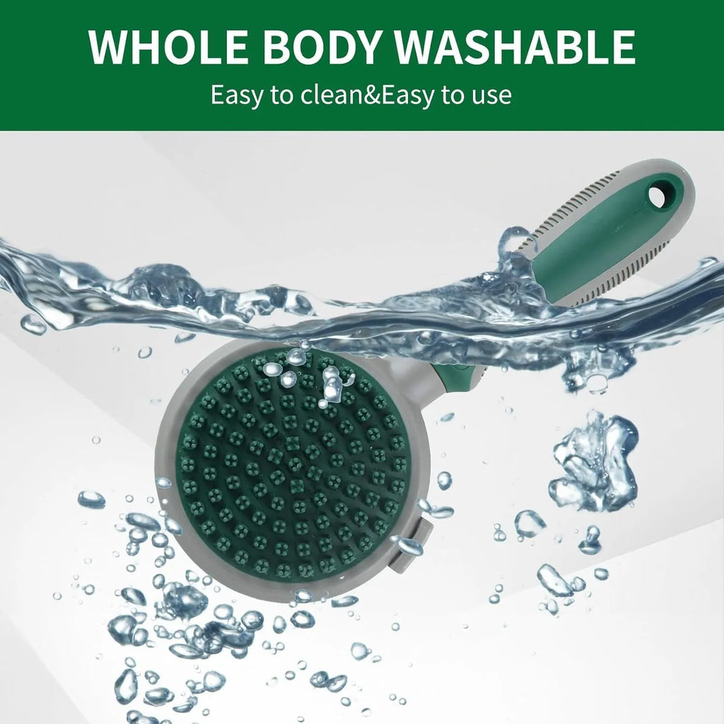 Green two-sided pet brush with slicker pins on one side and silicone massage teeth on other side