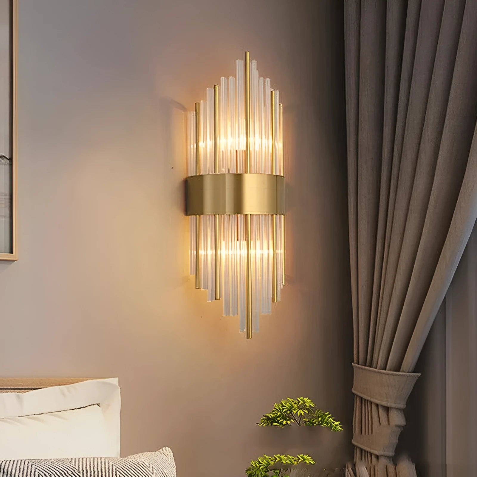 Modern crystal petal wall lamp in titanium gold finish mounted on living room wall