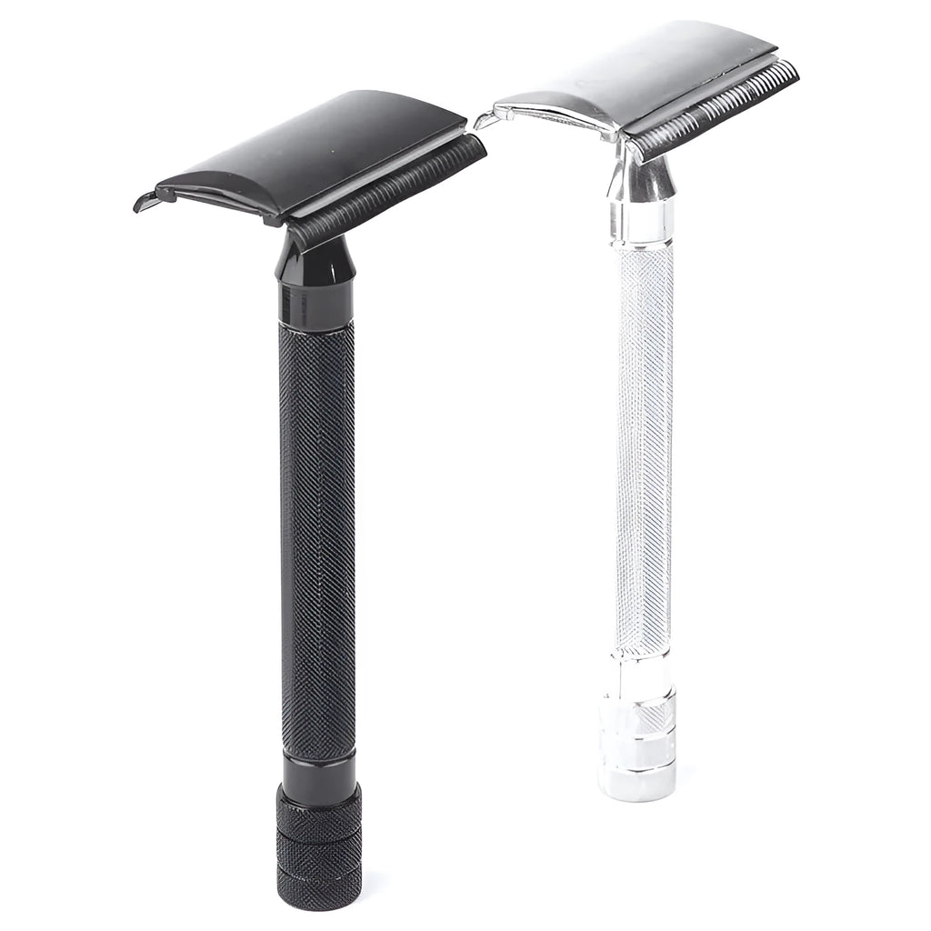 Traditional manual pogonotomy metal shaver scraper and brush set in black or silver finish