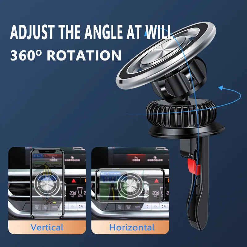 Magnetic car phone holder with snap-on air vent clip in silver or black colour
