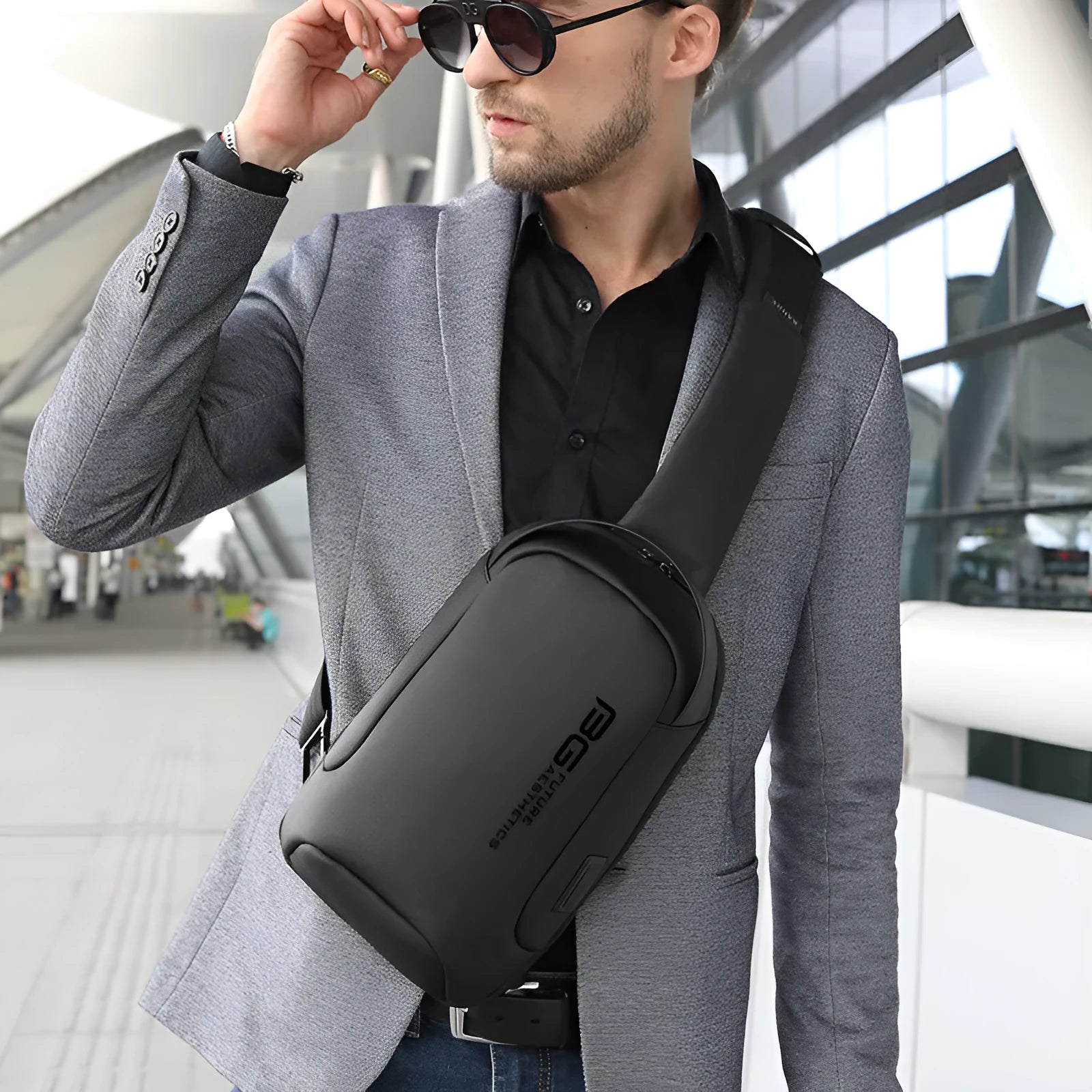 Men's blue shoulder bag with USB charging port and letter design on wear-resistant Oxford cloth