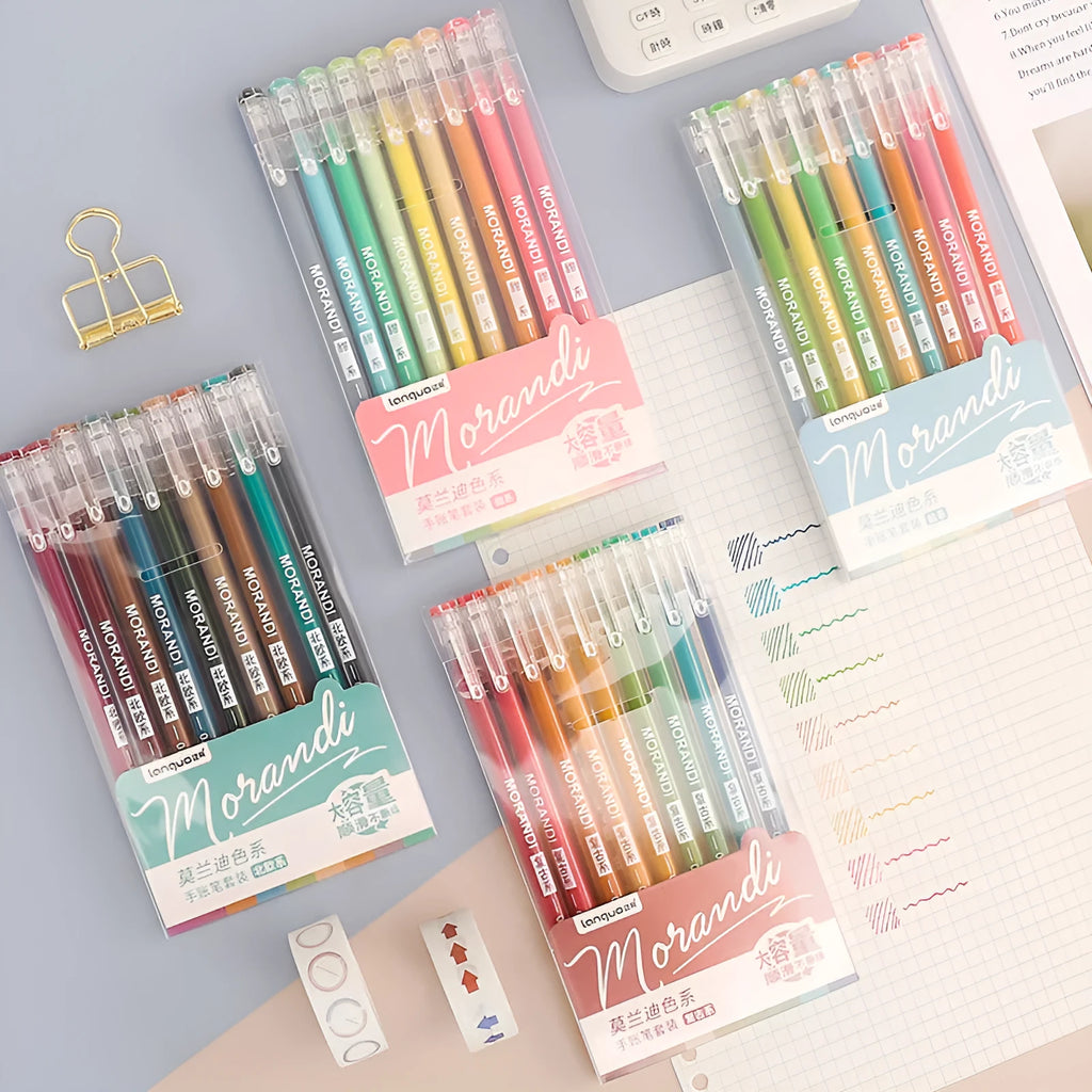Set of nine solid colour gel pens with 0.5mm needle tips, packaged in a retro, Nordic, salt, or sweet series design.