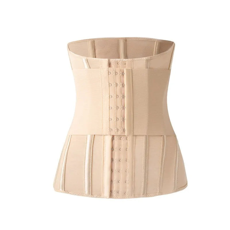 Nylon belly band waist trainer in black, showing adjustable belt tie fastener.