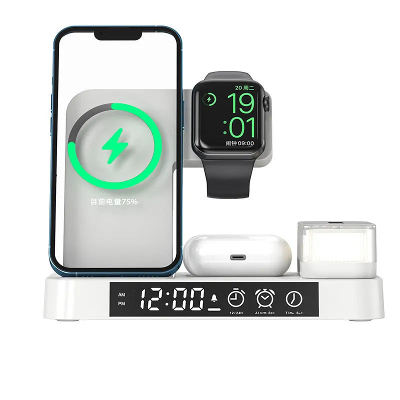 White 4 in 1 multifunction wireless charger station with foldable stand, alarm clock display, and RGB night light