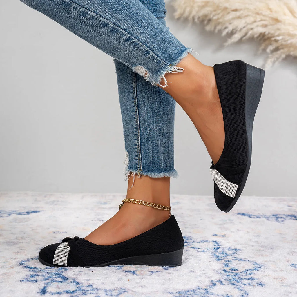 Black women's slip-on casual shoes with rhinestone decoration and chunky 6-8cm heel