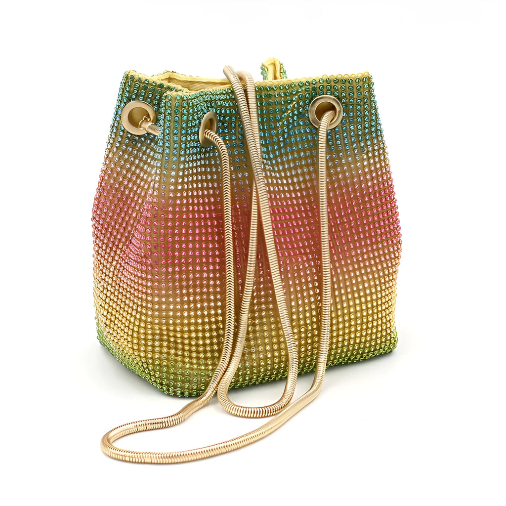 Soft rhinestone bucket handbag with diamond stud detailing in rainbow colour variations