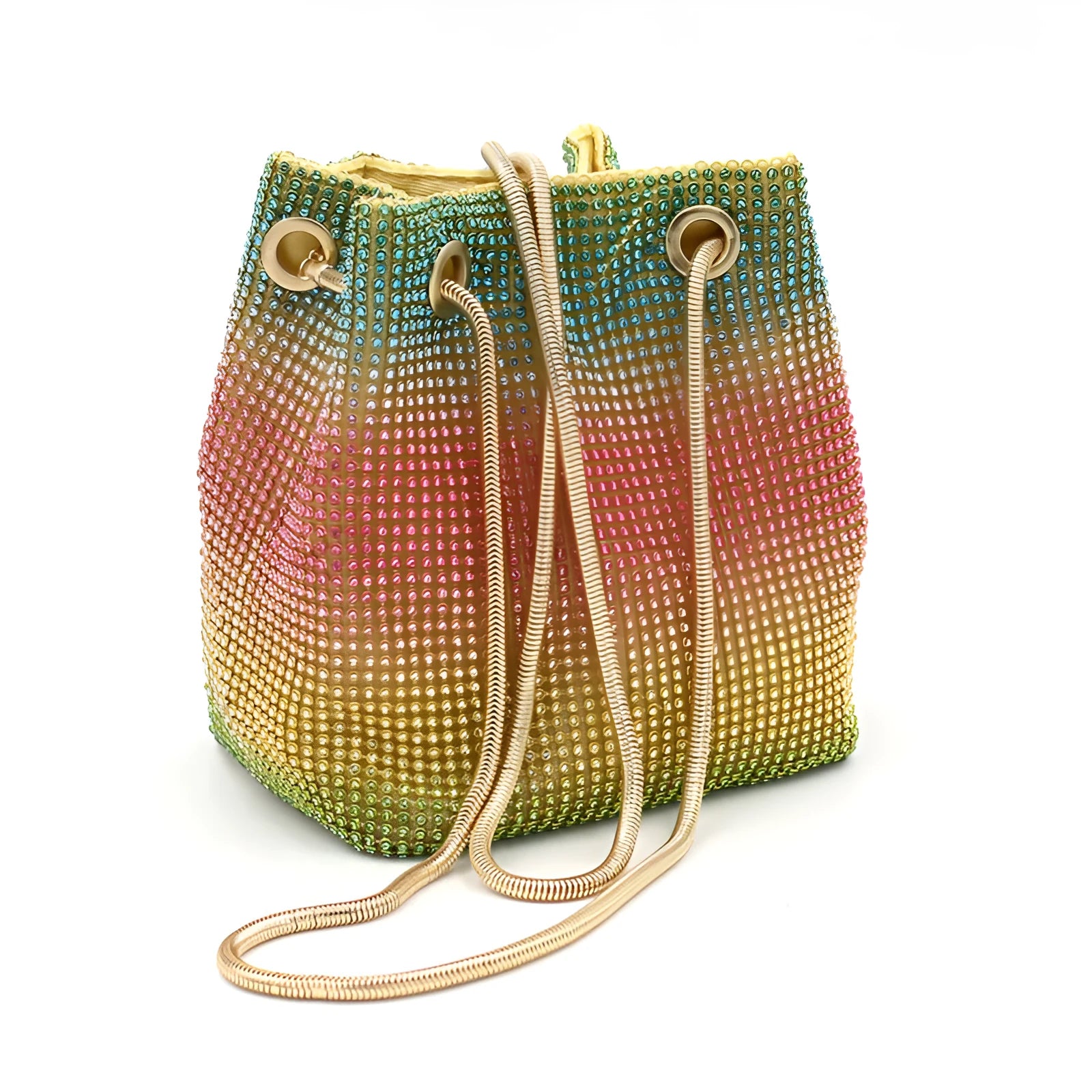 Soft rhinestone bucket handbag with diamond stud detailing in rainbow colour variations
