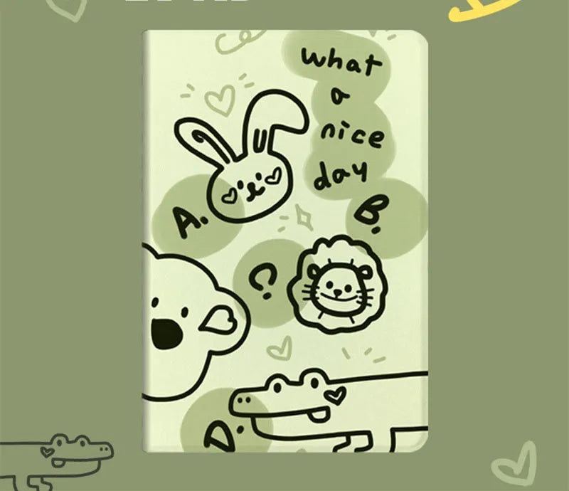Korean cartoon flip iPad case showing Matcha Zoo design with imitation leather cover and TPU frame