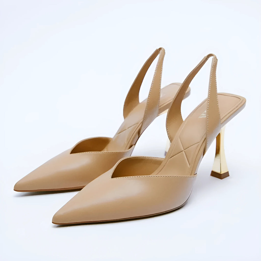 Women's patent leather pointed high heels in apricot colour with shallow open mouth design