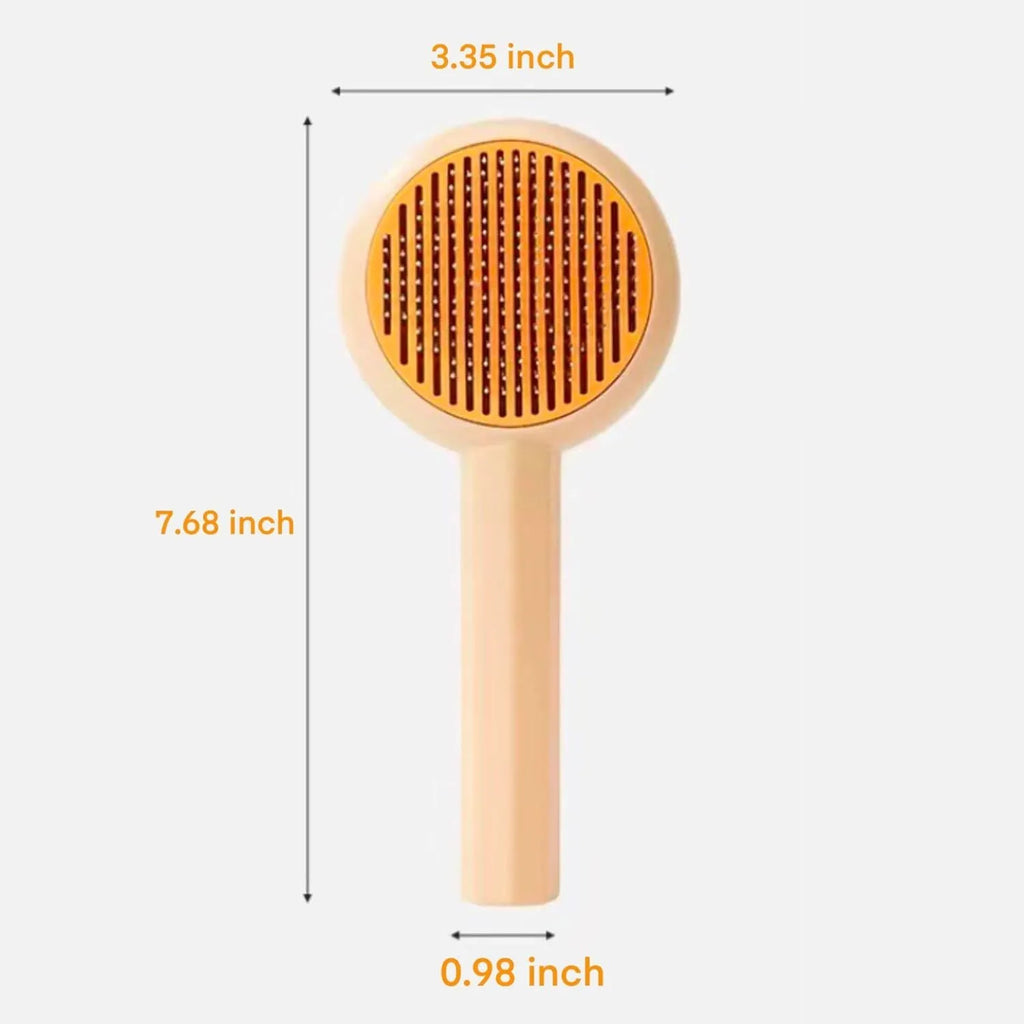Blue pet grooming brush with angled metal bristles and self-cleaning button for cats and dogs