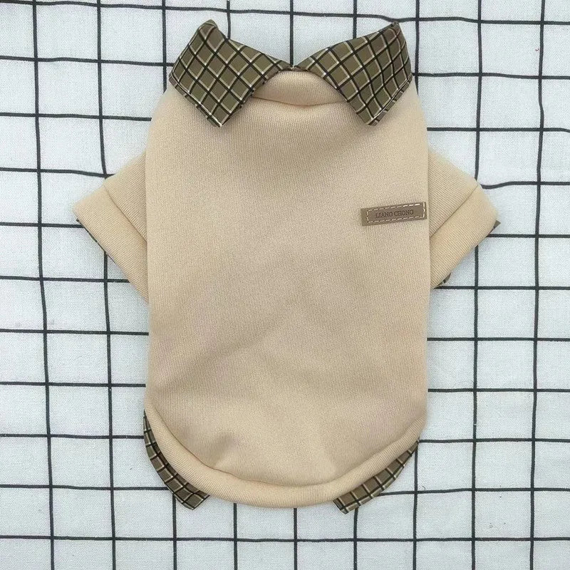 Fake two-piece collar thin velvet dog sweater with detachable hood in beige, grey, or dark grey, sizes XS-XL