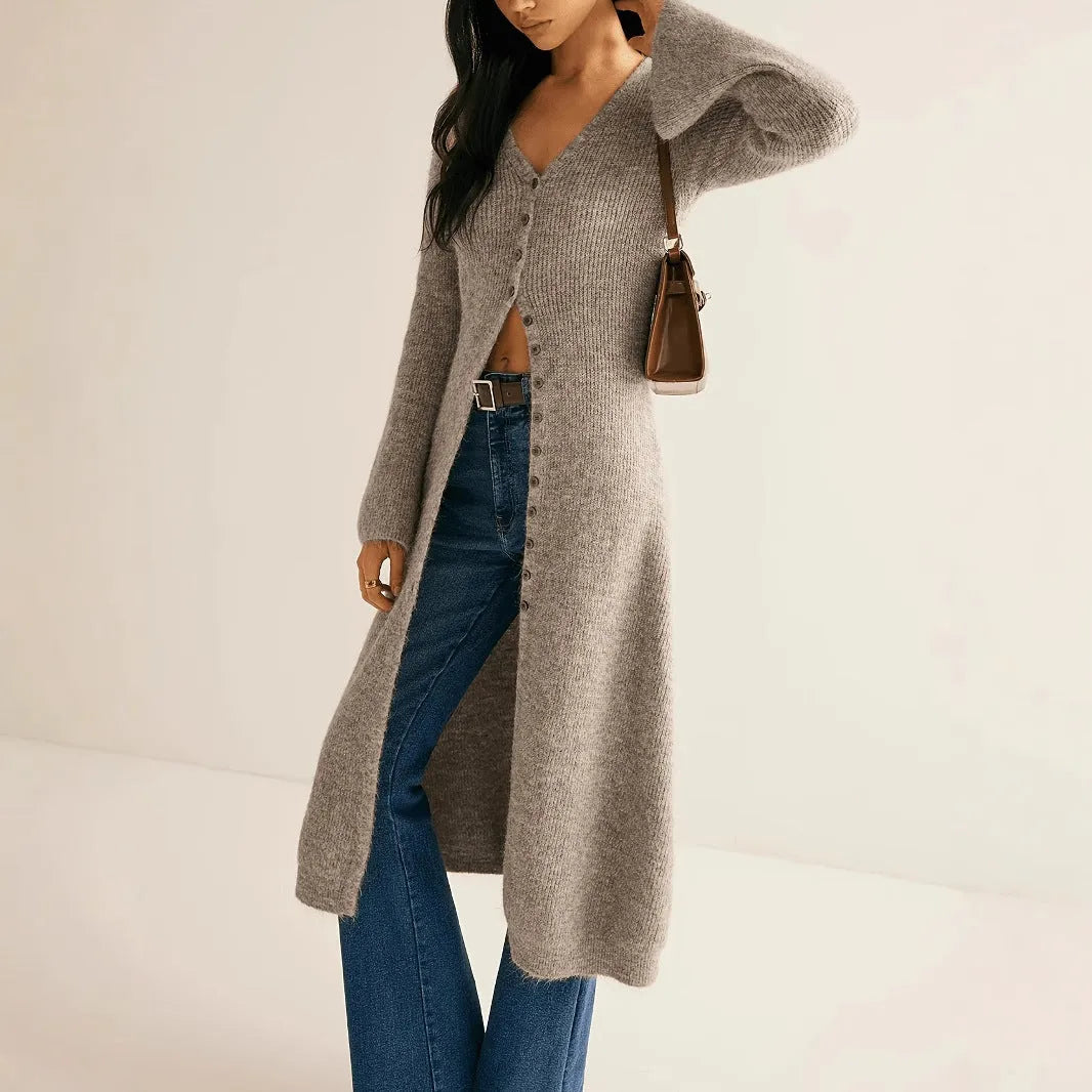 Khaki viscose acrylic blend button-front long sleeve cardigan for women, classic cardigan model