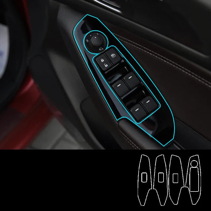 Set of four TPU transparent protective films for car door control panels, labelled for 2014-2019 vehicles.