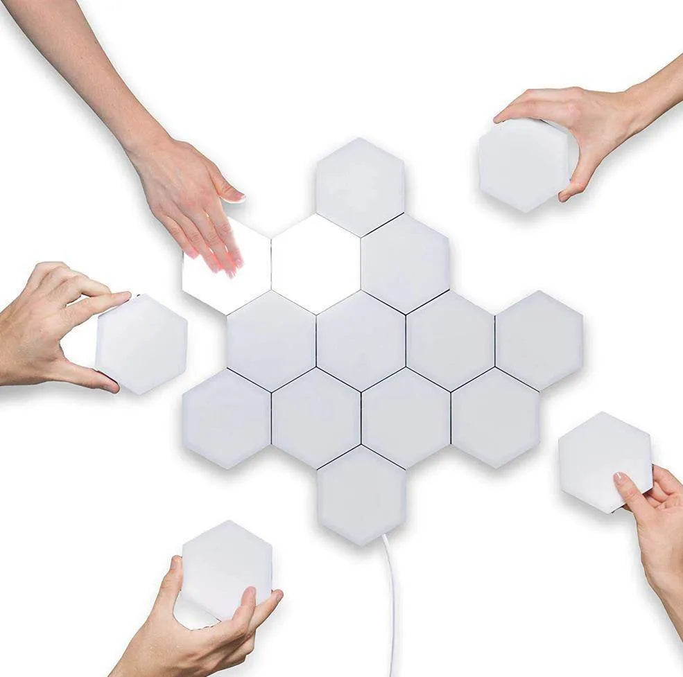 Helios modular honeycomb touch wall lamp showing geometric LED light panels arranged on wall