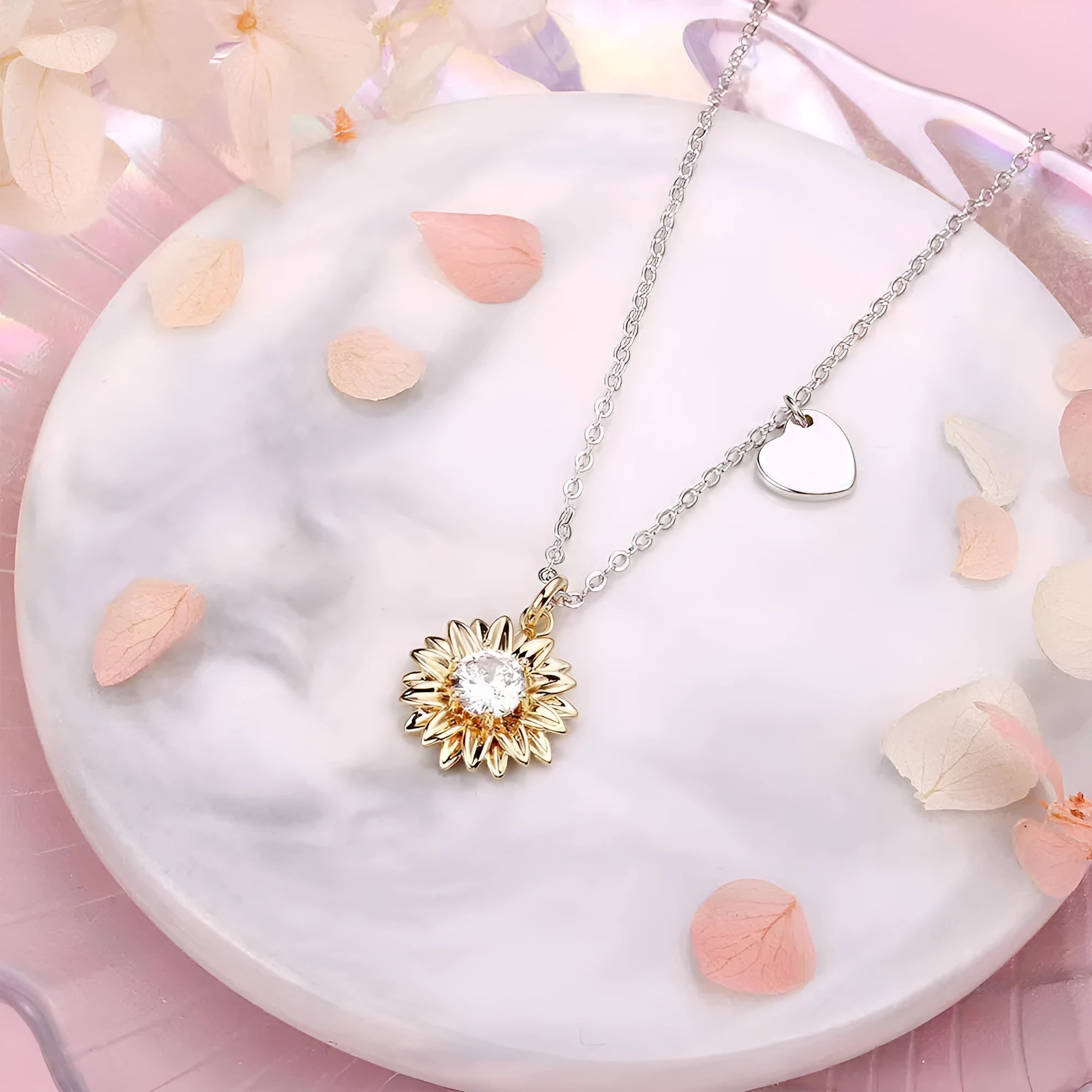 925 silver sunflower necklace with geometric daisy pendant on cross chain, adjustable 21-50cm length