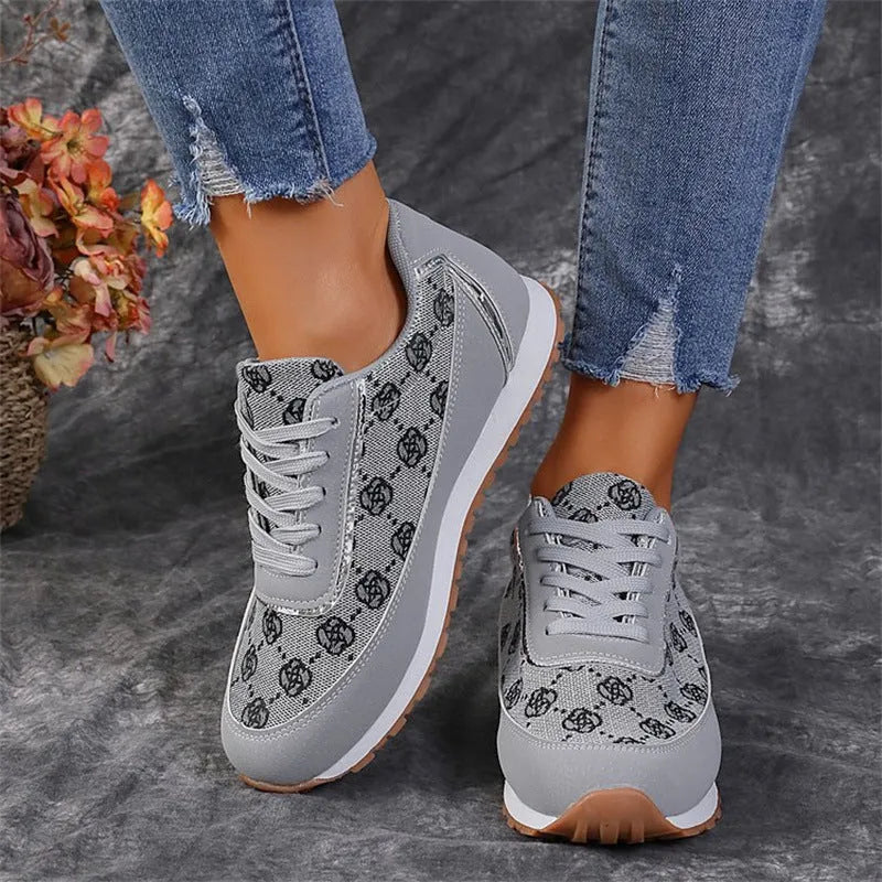 Women's flower print lace-up sneakers in camel, round toe, flat heel, artificial PU upper with rubber sole