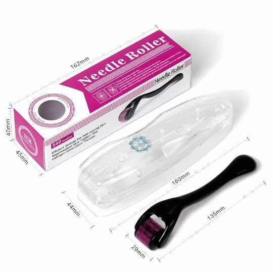 Black derma roller with 540 titanium micro-needles for face, hair, beard and scalp care