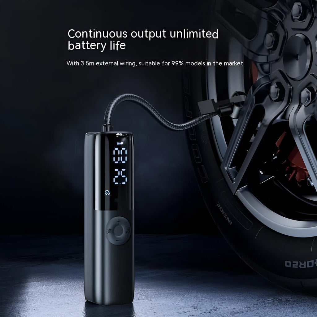 Black portable electric car air pump with pressure gauge for 12V/24V vehicle systems