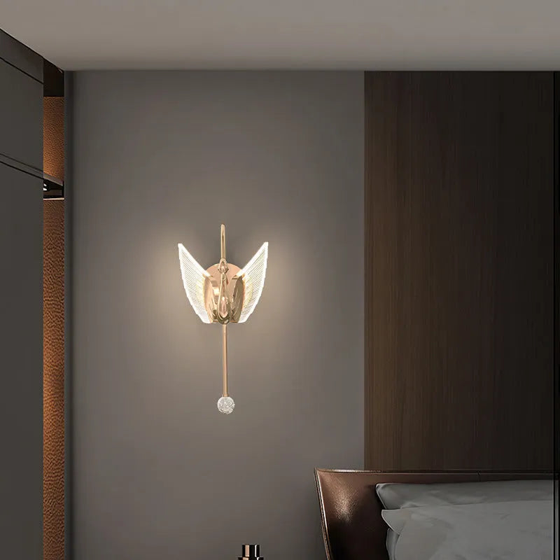 Modern minimalist swan design bedside wall lamp with iron construction and acrylic shade