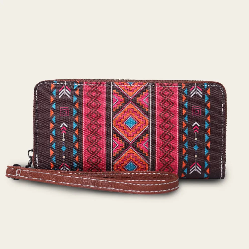 Bohemian striped canvas RFID wallet with wind belt closure showing beige colour option