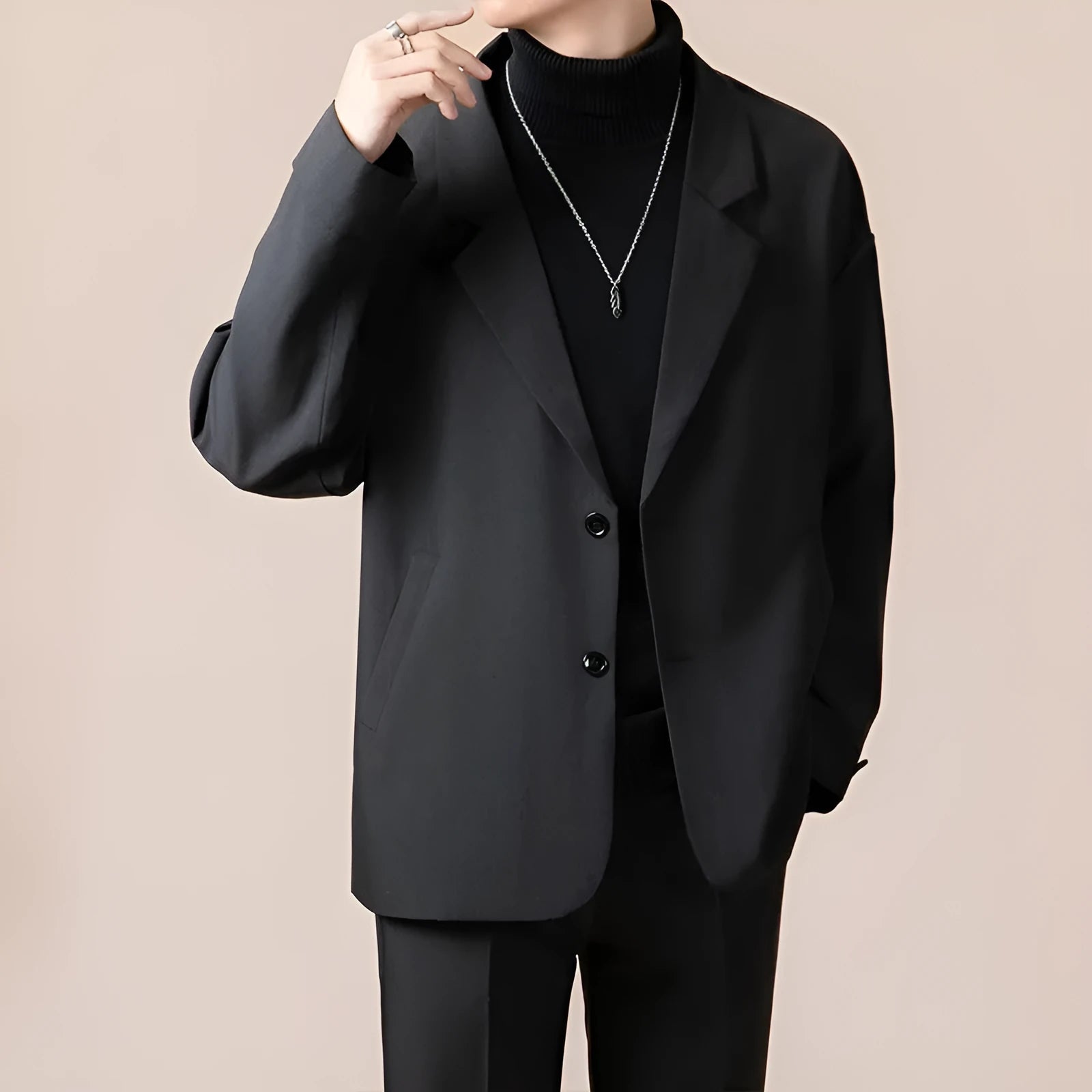 Men's casual loose fit suit jacket in apricot colour, showing long sleeves and regular length.
