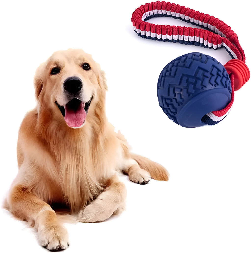Blue natural rubber dog ball with rope attached, measuring 6.5cm in diameter