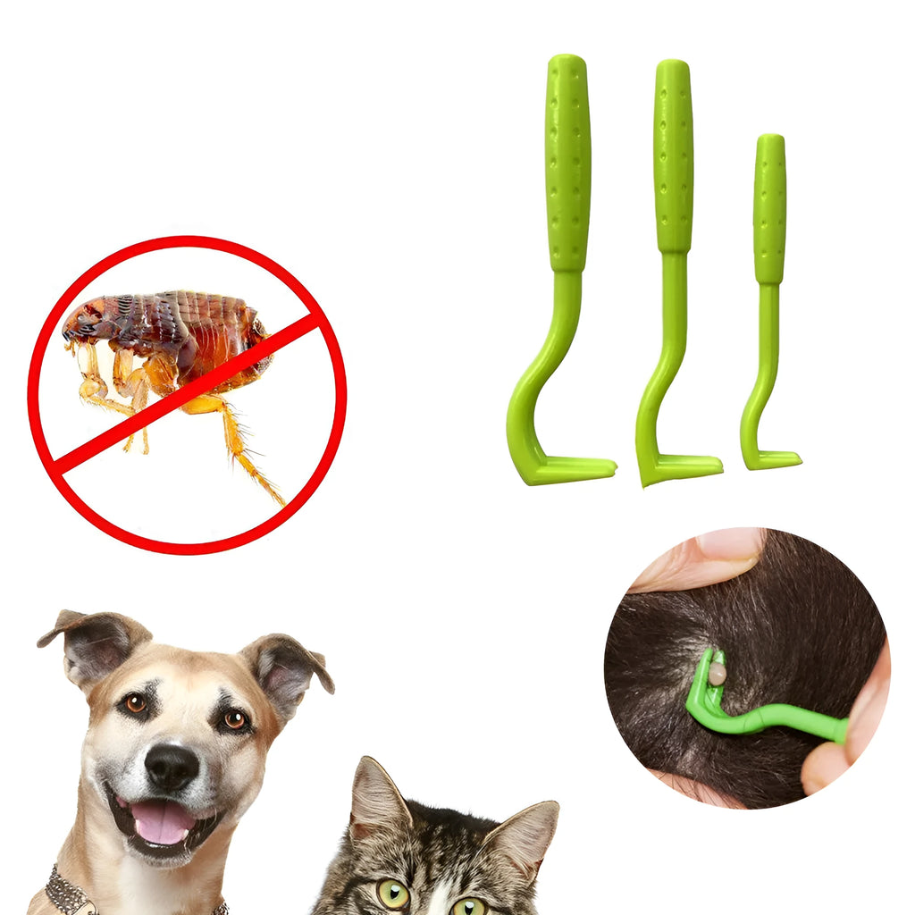 Three plastic tick removal hooks for pet grooming in blue and green colours