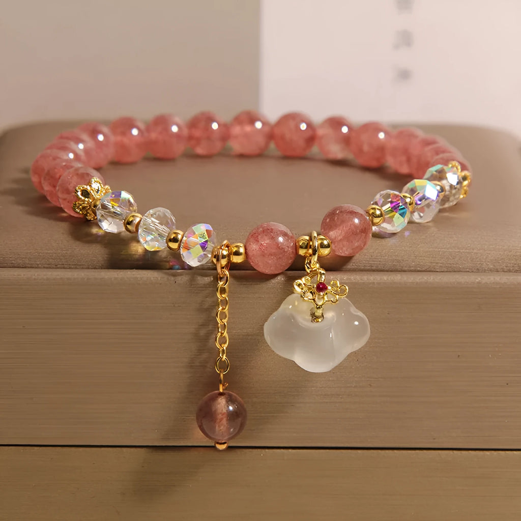 Women's natural crystal bracelet with strawberry quartz and white agate beads, auspicious clouds design, 40 grams weight