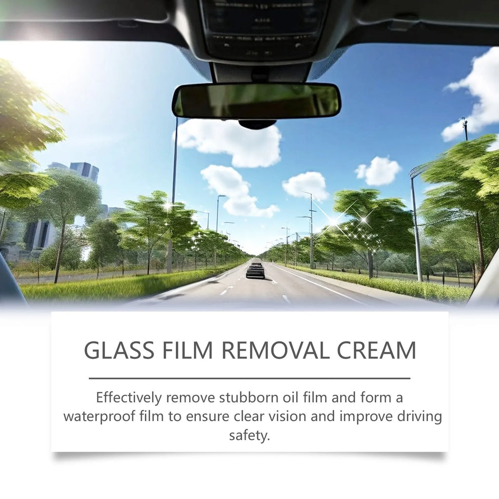 Car glass oil film cleaner 30g bottle with sponge and towel on a windscreen