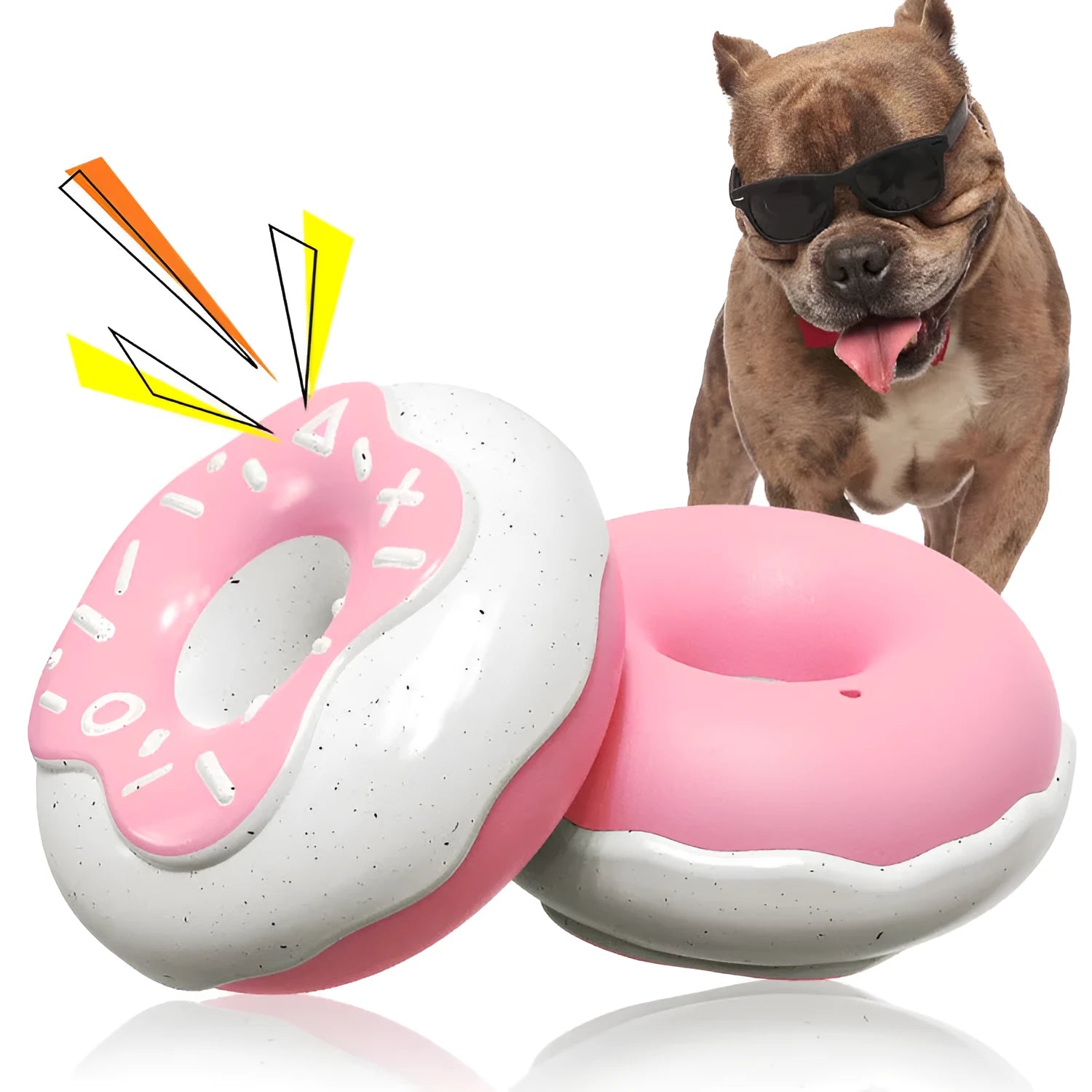 TPR molar cleaning dog toy with squeaker in donut shape, 118mm diameter, pink yellow chocolate colour options