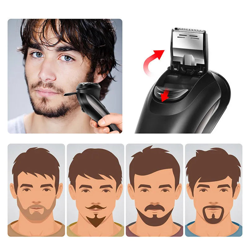 Electric shaver with three floating cutter heads and pop-up sideburn trimmer on display