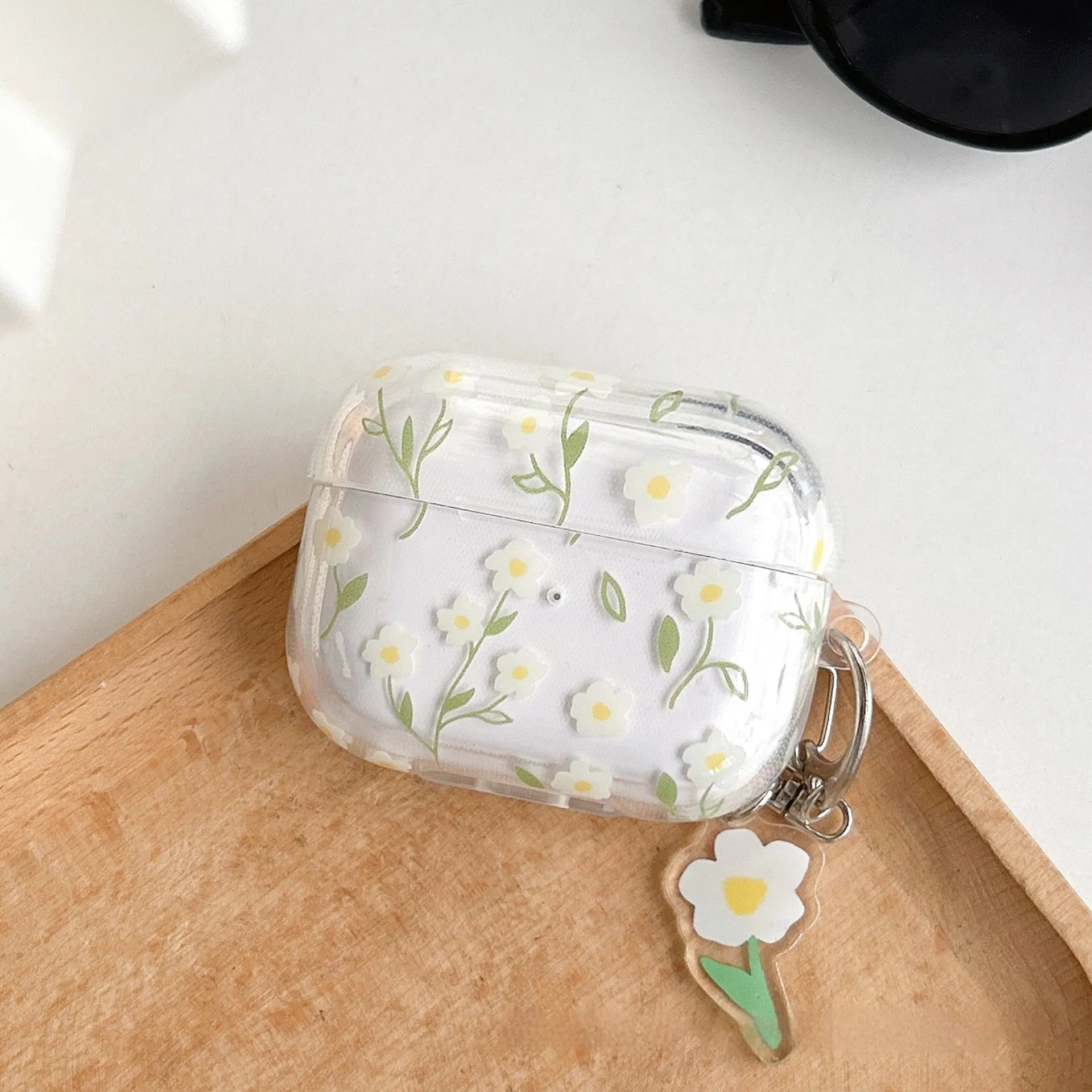 White floral pattern on clear TPU protective case for Apple AirPods