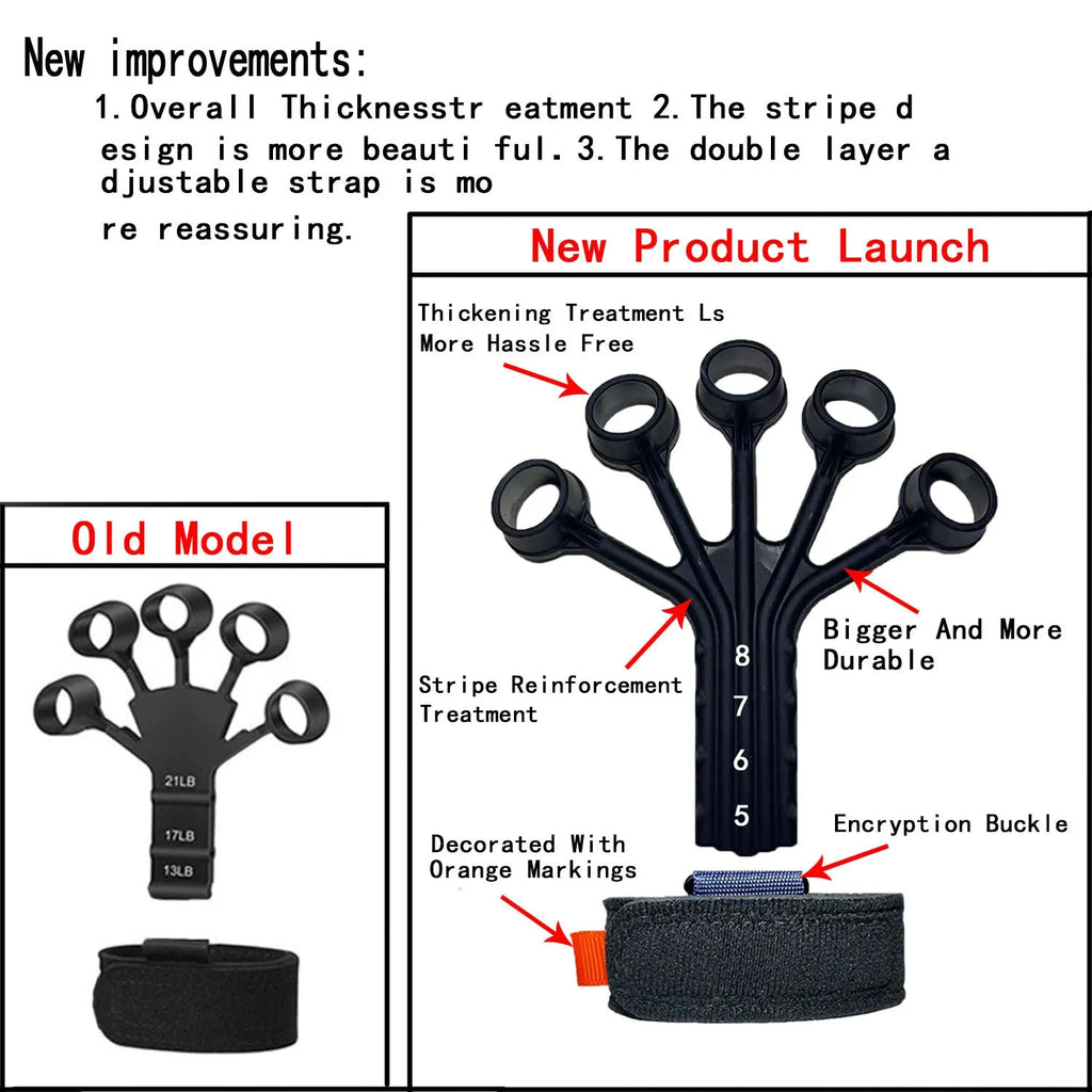 Silicone finger flexion and extension rehabilitation trainer with adjusting belt.