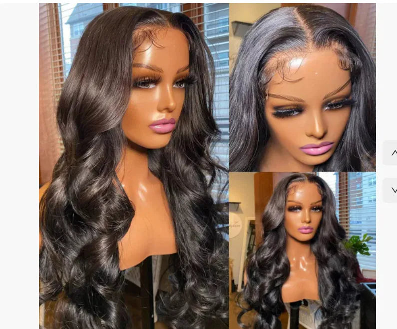 Black synthetic medium-long curly wig with lace front and heat-resistant fibres