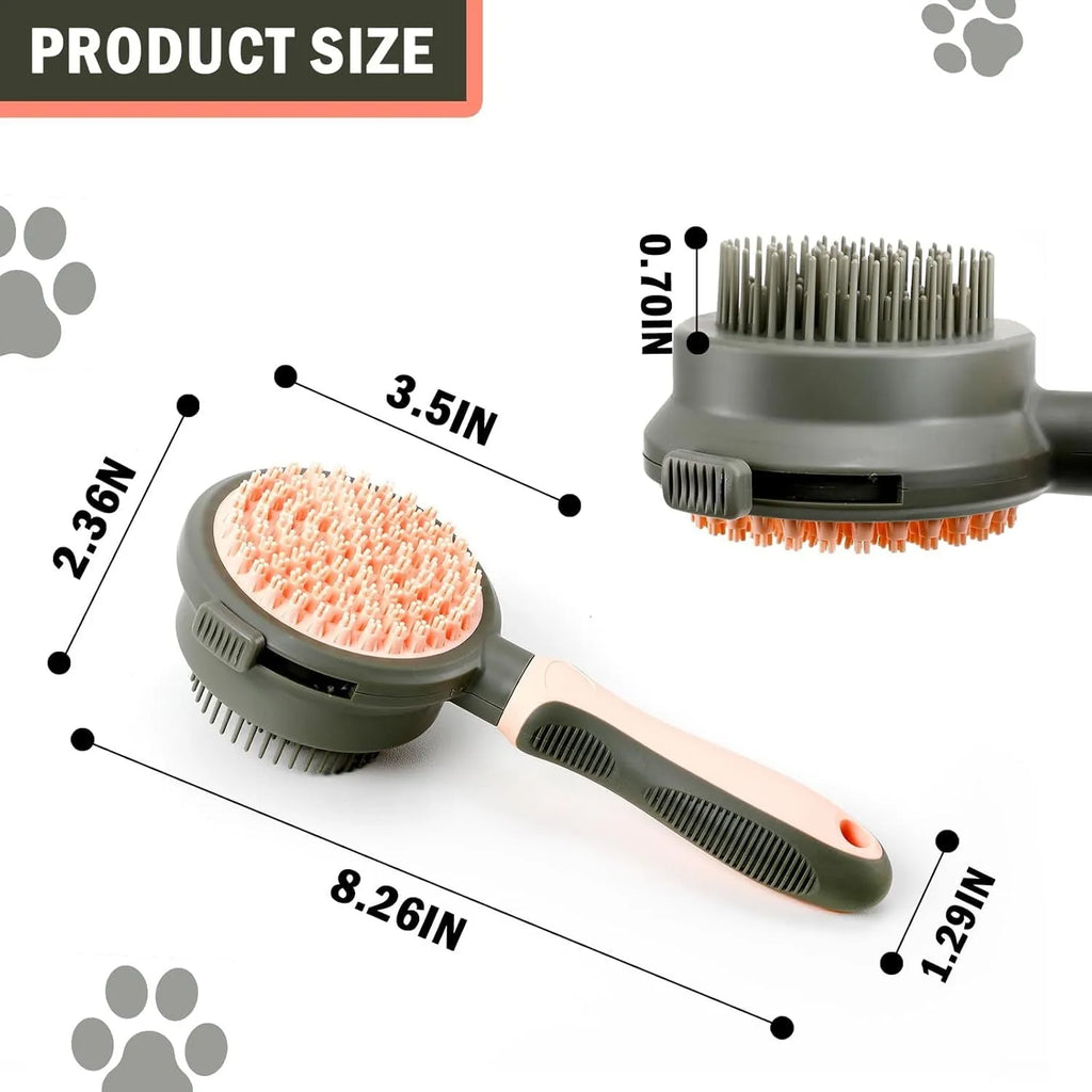 Green and pink double-sided cat brush with release button and flea comb for pet grooming