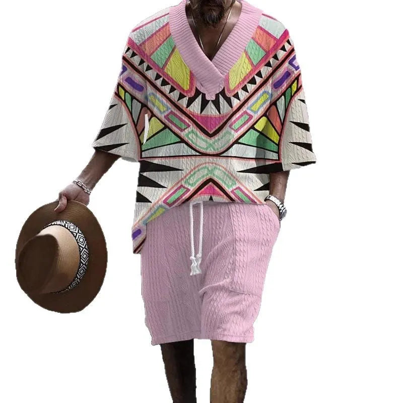Men's loose casual short sleeve suit with matching shorts in polyester fibre